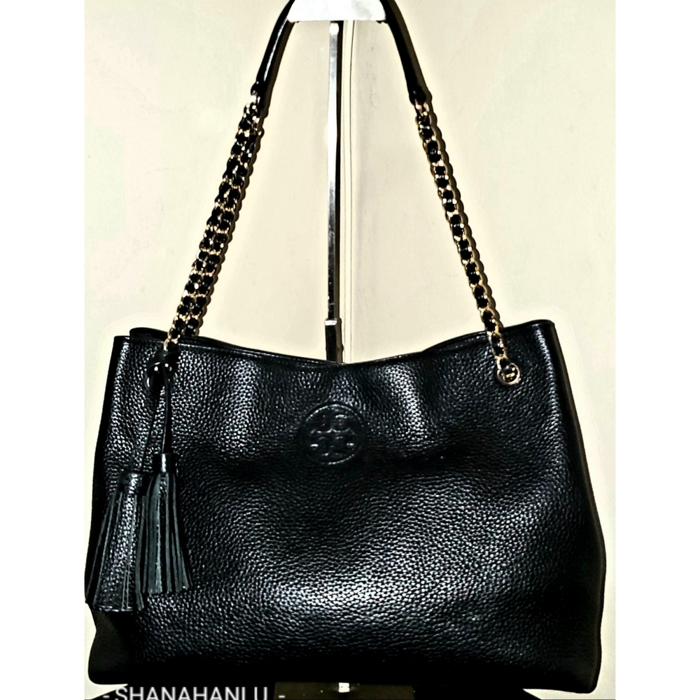 😍Tory Burch Black Leather Thea Tassel Tote 💫🖤